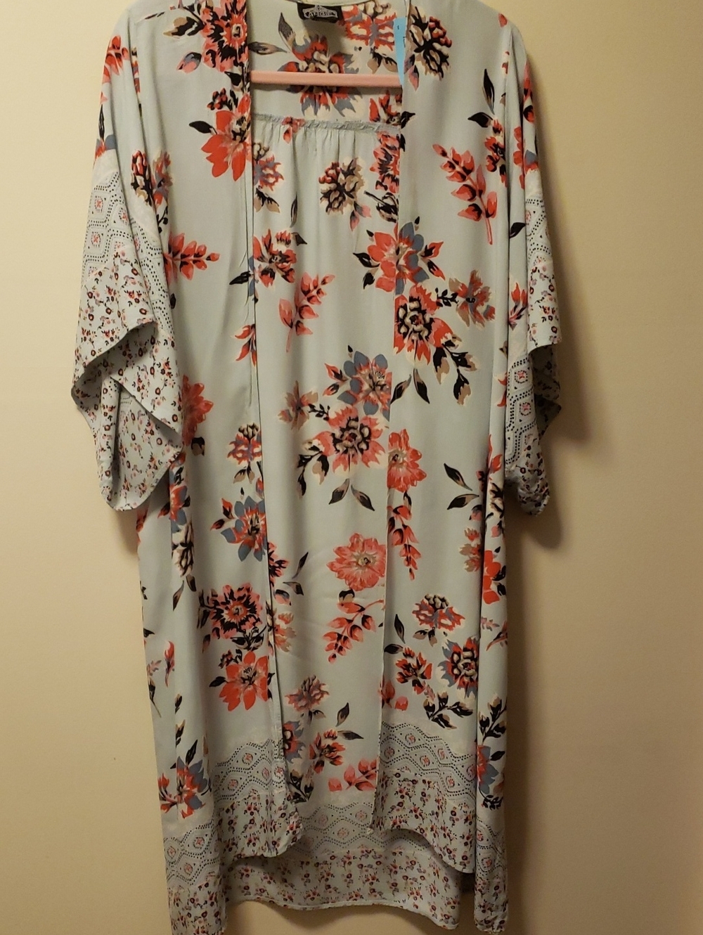 Floral Angie Kimono Duster - Light Blue with Coral Pink Blooms